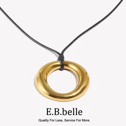 E.B.belle O-shaped Circular Pendant with Black Rope necklace 18K Gold Plated Decoration 316L Stainless Steel Jewelry