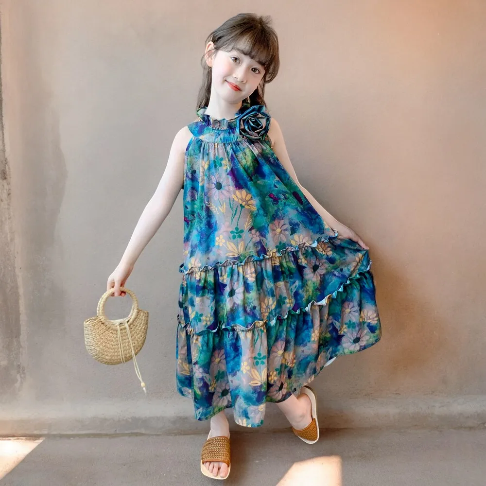 Teens Kids Chiffon Dresses for Baby Bohemia Long Dress Girls Summer Outfits Sleeveless Children Lolita Costumes 6 8 10 12 Years