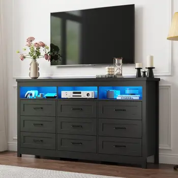63吋寬臥室大抽屜櫃,農舍風格九抽屜櫃附LED燈,現代木抽屜櫃收納整理櫃 10 最佳銷售 九抽屜櫃 - №1