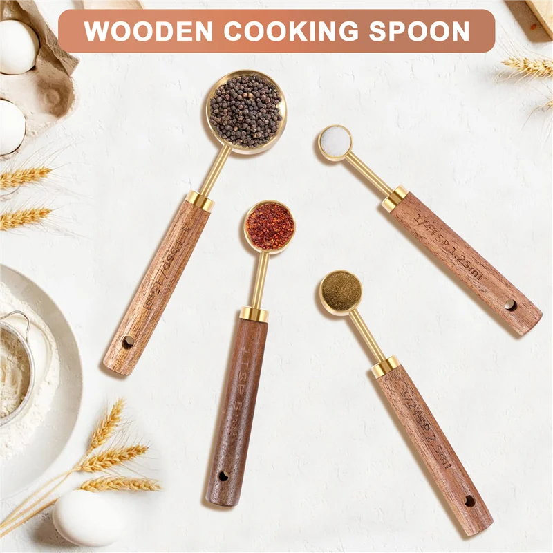 ABXF-計量スプーンセット木製ハンドルステンレス鋼計量スクープベーキングツールキットキッチンアクセサリー