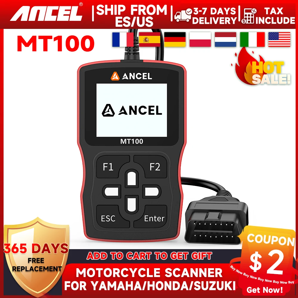 ANCEL MT100 Motorcycle Scanner OBD2 Code Reader Engine ABS Diagnostic Tool Adapter Cable For Yamaha/Honda/Suzuki Motor tool