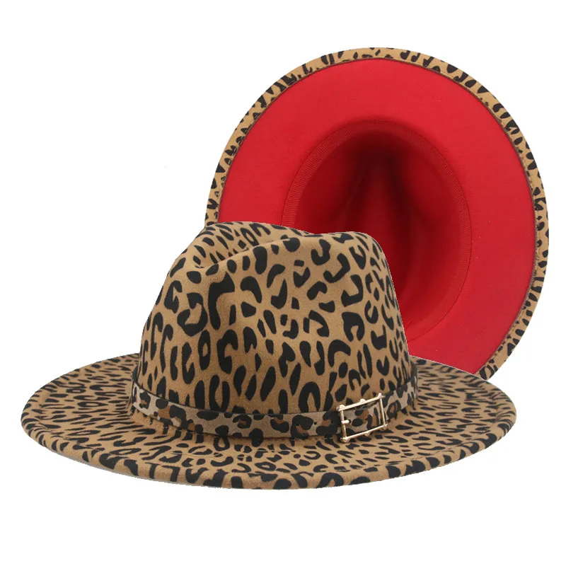 Fedora Women Hats Leopard Red Patchwork Hats for Men Hip Hop Street Vintage Leopard Pattern Fedora Women Hat Sombreros De Mujer