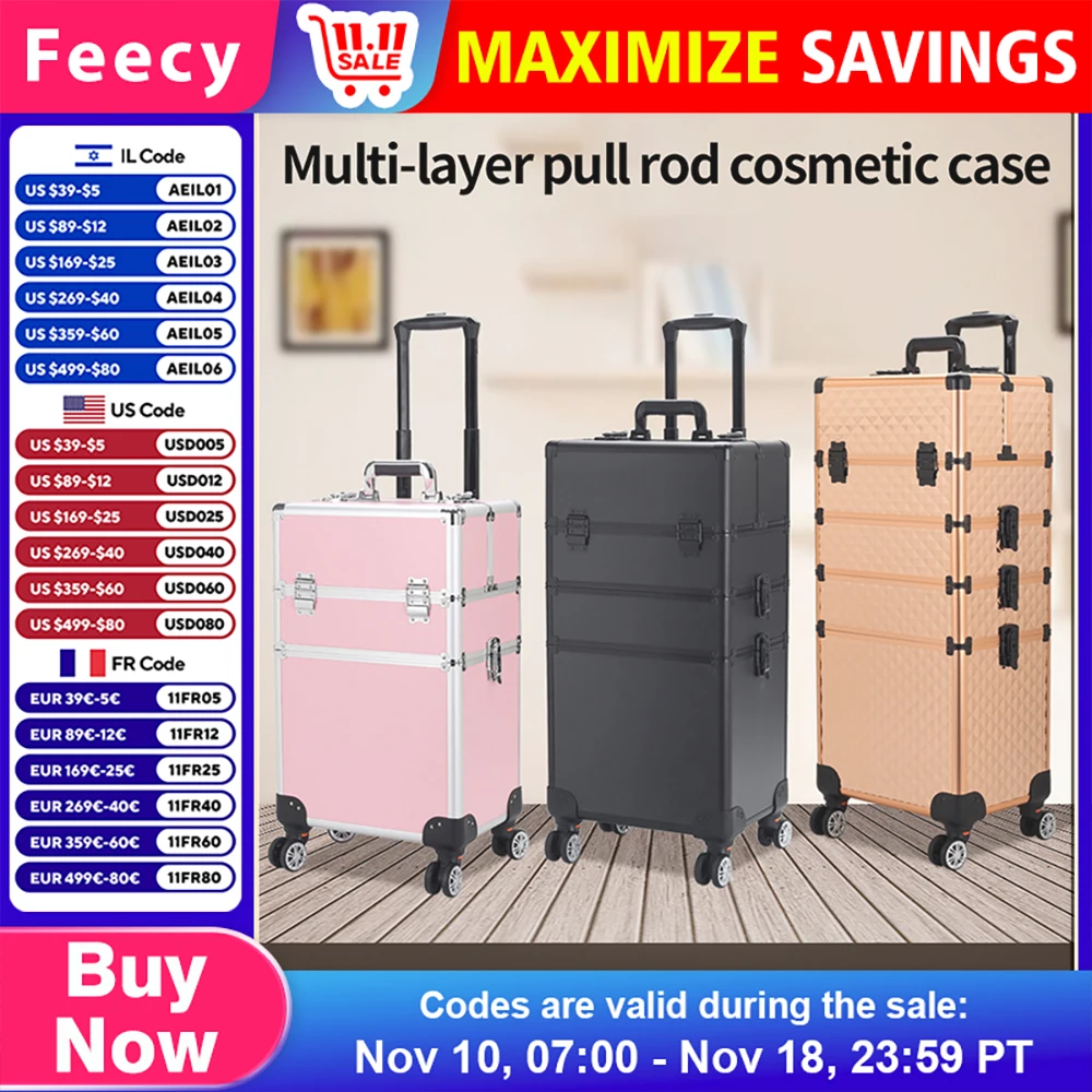 Professional Makeup Suitcase Wheels Large Capacity Cosmetology Manicure Cosmetic Box Folding Rolling Storage Rotating Organizer