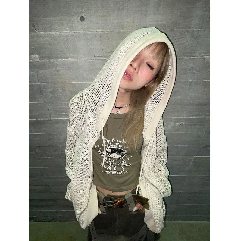 Deeptown Harajuku Grunge Knitted Cardigans Women See Through Y2k Oversized Hollow Out Crochet Tops Sweaters Gothic Streetwear