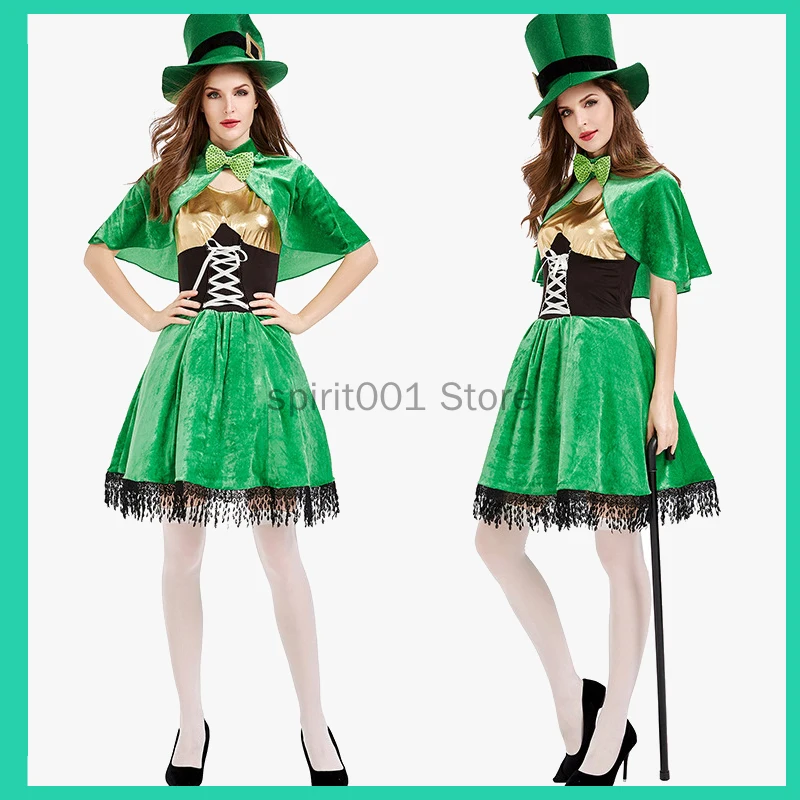 Ireland St. Patrick's Day Women's Cosplay Costume Traditional Festival Goblin Dwarf Green Lacing Dress Cloak Halloween Costume