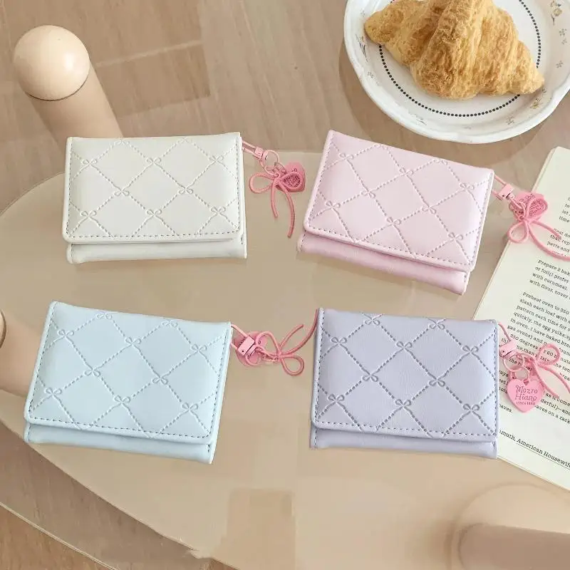 Women Quilted Faux Leather Mini Wallet Bow Decor Multi Card Slots Daily Shopping Commute Travel Small Purse