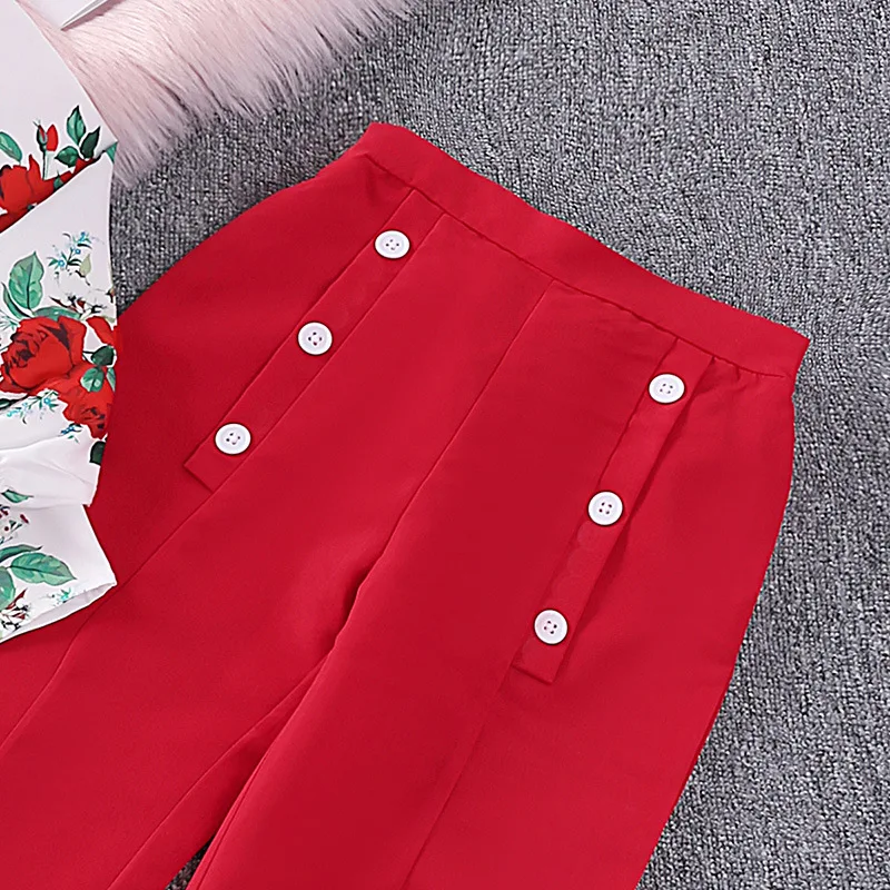 Kids Casual Clothing Sets Outfits for Girls 2024 Spring Autumn New Fashion Children Red Rose Floral Print Tops Long Pant 7-14Y