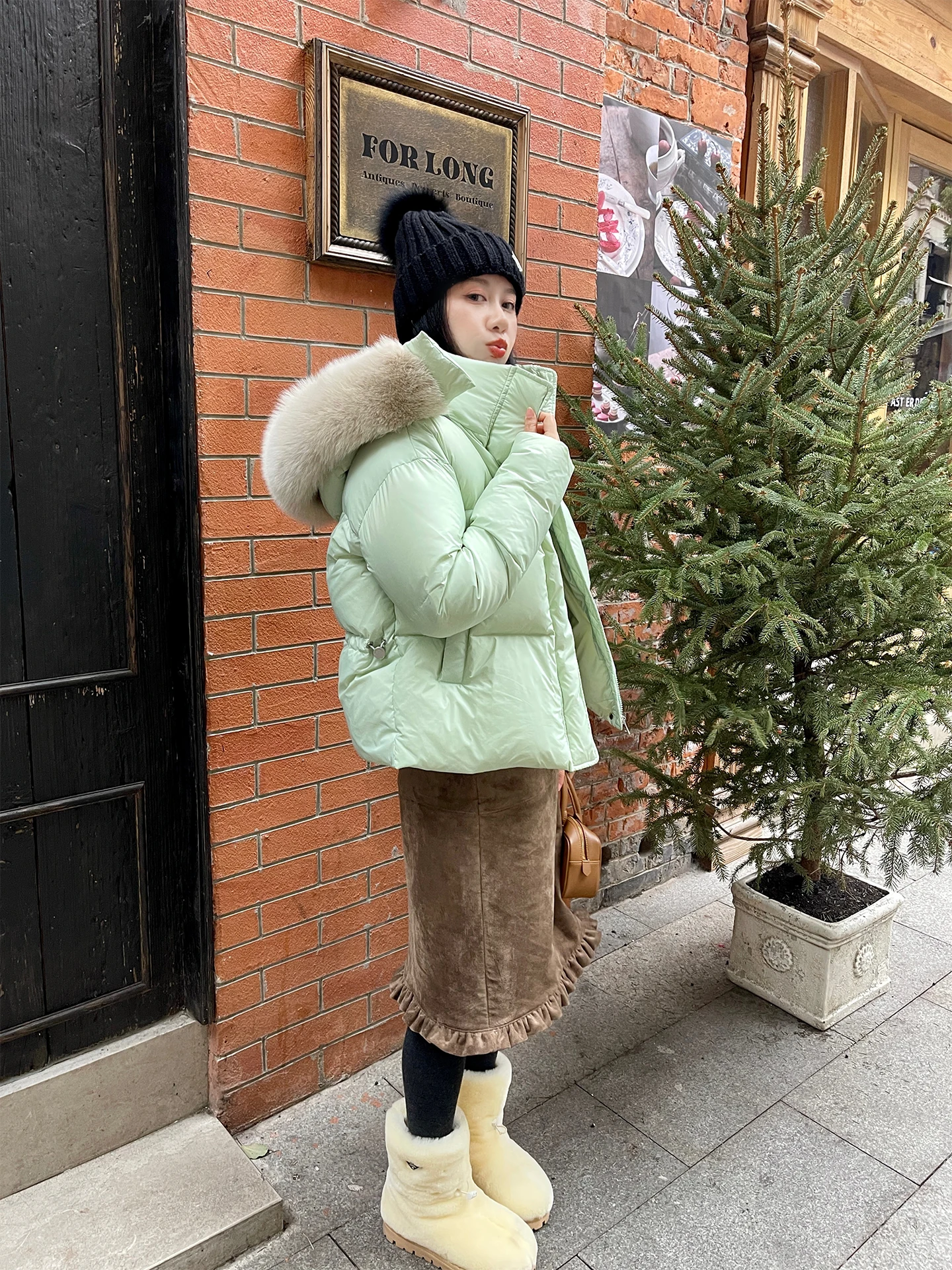 

Heidy Baby een Contrast Color Fur Collar White Goose down ort Hooded Women's Jaet Warm Commute Sle Korean Version