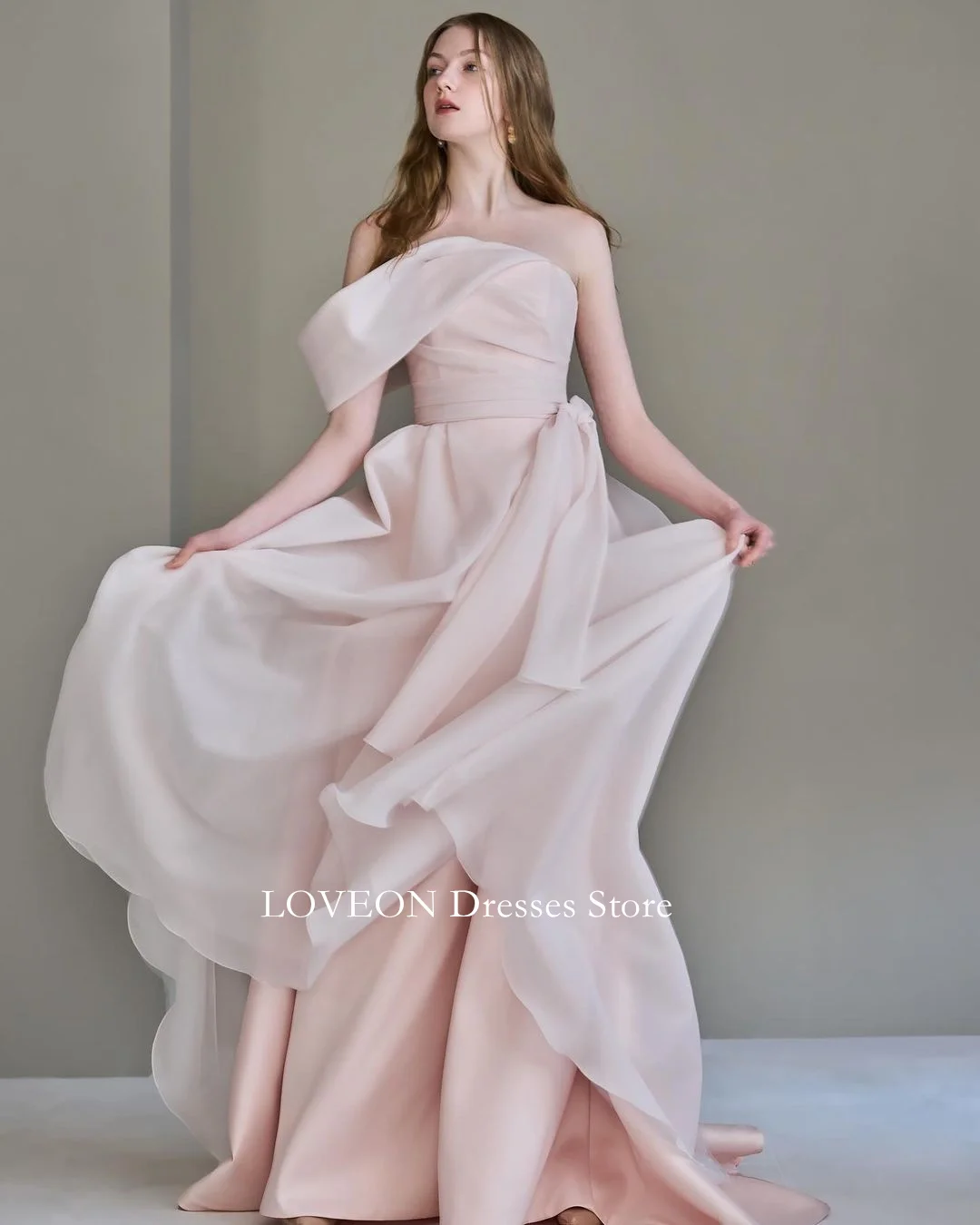 

GIOIO One-Shoulder Korea Pink Organza Evening Dresses Formal 프롬드레스 Floor Length Sleeveless Elegant Prom Gowns Party Women Bride