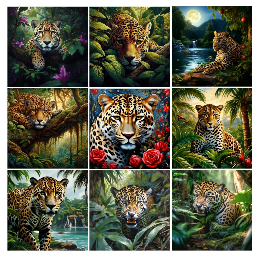 Fullcang Diy Diamond Painting New Collection Jungle Animal Leopard Full Rhinestone Art Mosaic Embroidery Red Flowers Picture