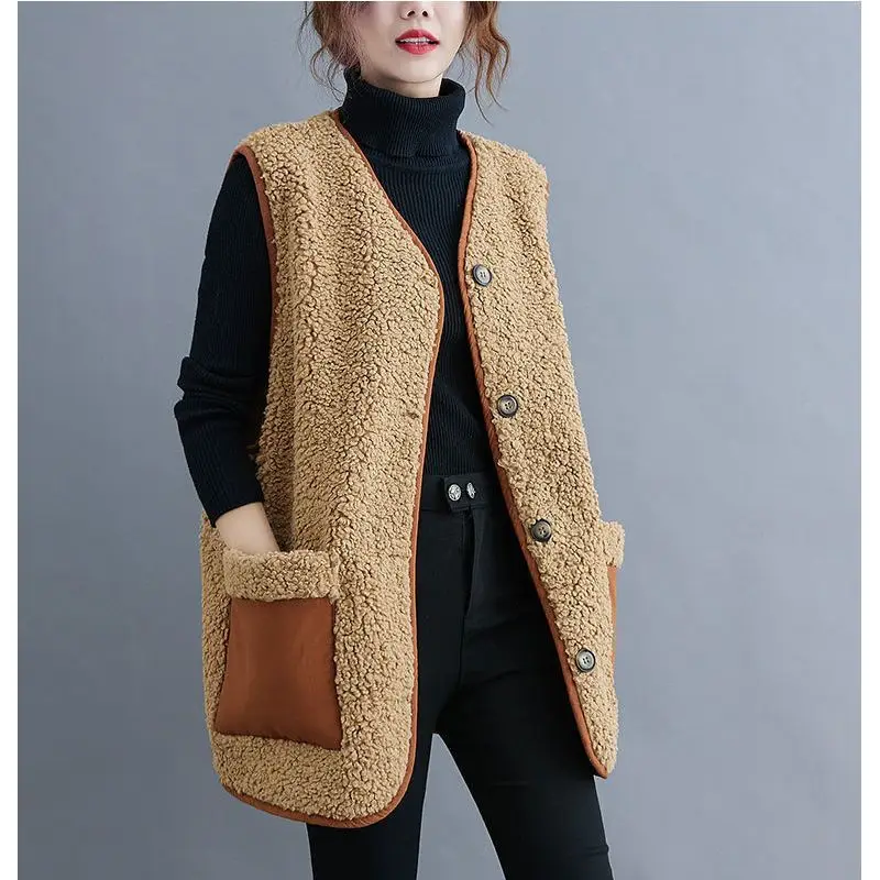 Big Size Lamb Wool Vest Women Sleeveless Jacket Single-breasted Pockets Warm Waistcoat High-end Outerwear Winter Clothes