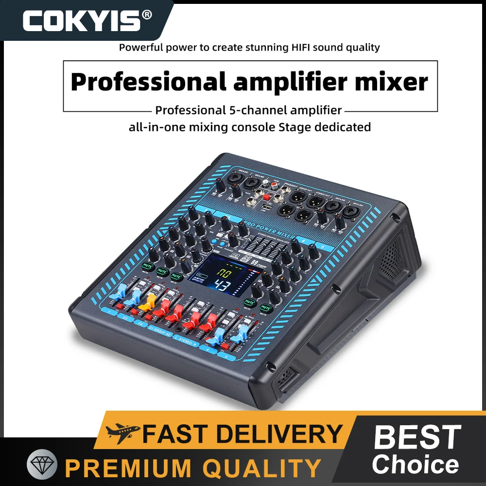 Mixer With Amplifier 5 Channel Power Karaoke Stereo Sound Interface Mixing Console 2X250W 99DSP Bluetooth USB MP3 FM Radio Home