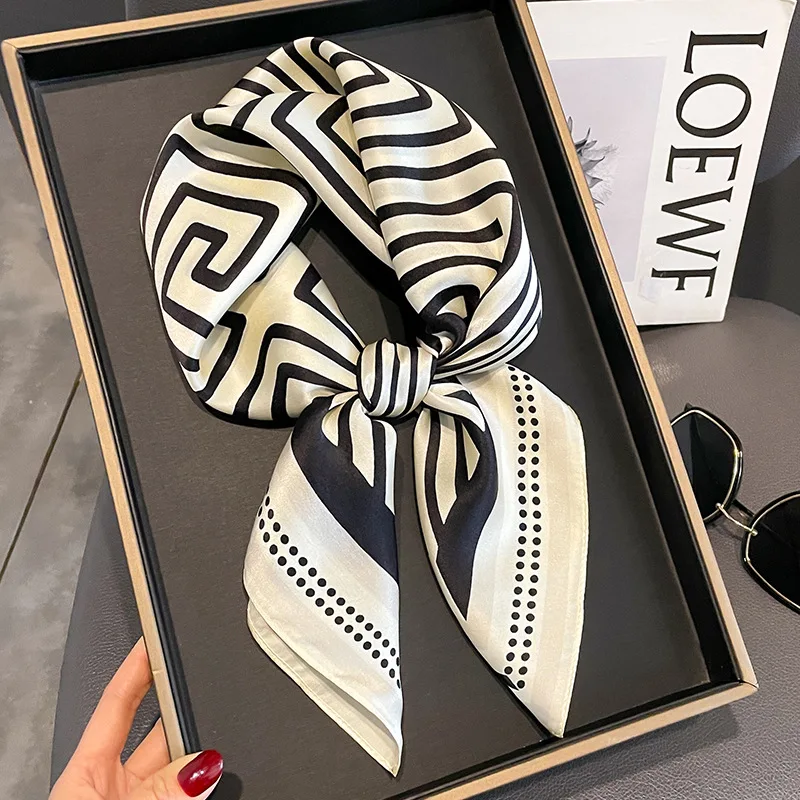 Luxury Brand Women Striped Square Scarf Thin Silk Feeling Small Shawl Boho Style Sunscreen Headscarf For Women