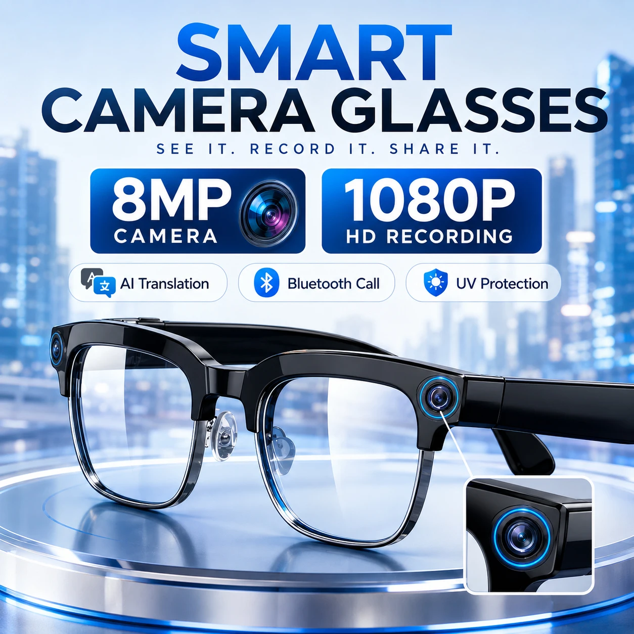 Smart Glasses Lens - Gafas Inteligentes con Cámara de 8MP,