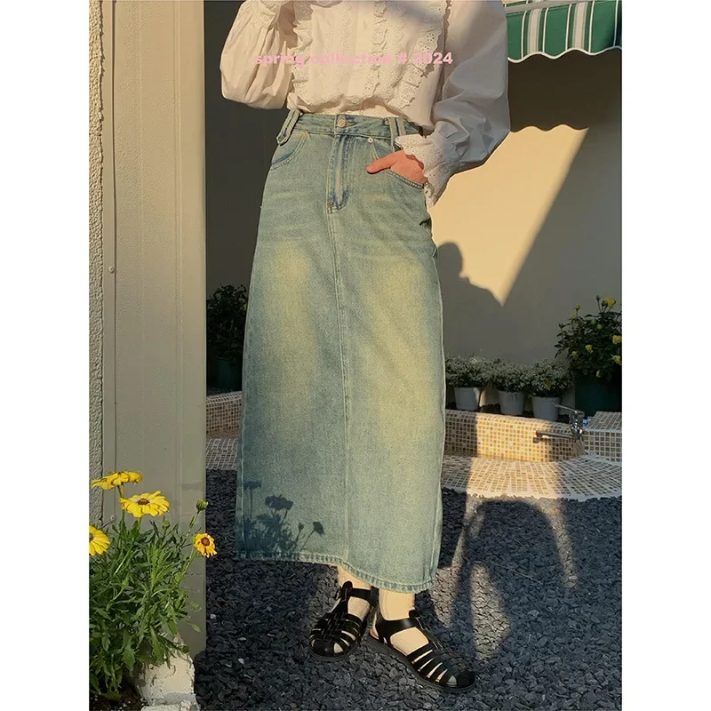 

Pop Summer New Retro Spicy Girl High Waist Denim Skirt For Women Autumn Design Sensation Workwear Anti Dew One Line Hip Skirt