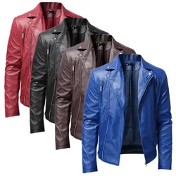 New Men Pure Color Long-sleeved Faux leather Jacket Fashion Male Daily High Street Casual Biker Coats