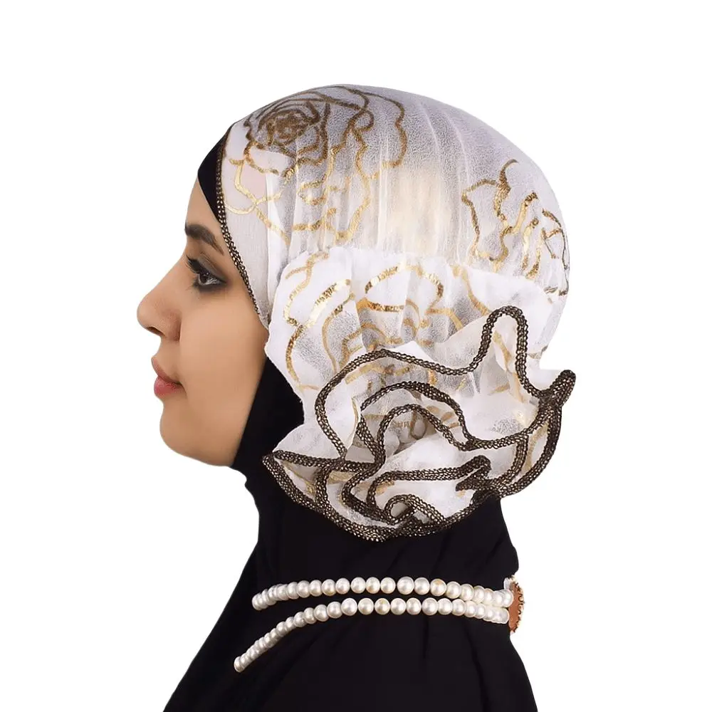 

African Islamic Turban Caps Bronzing Flower Elastic Women's Hat Lightweight Breathable Casual Hair Bonnets Four Seasons