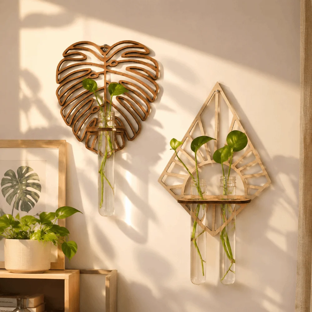 Wall Shelf Wooden Hydroponic Plant Holder Vase Hollow Out Wall Hanging Planter Shelf Geometric Leaf Shape Flower Pot Office