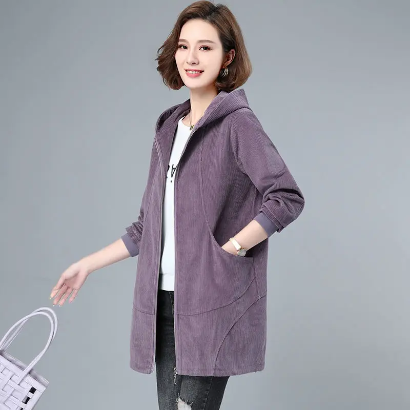 Corduroy Windbreaker Female Mid-length 2024 Spring Autumn Loose Hooded Coat Plus size Casual All-match Women\'s Trench Outwear