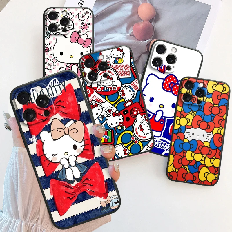 

Cute Sanrio Hello Kitty Luxury For Apple iPhone 16 15 14 13 12 11 XS XR X Pro Max Plus Mini Black Soft Phone Case