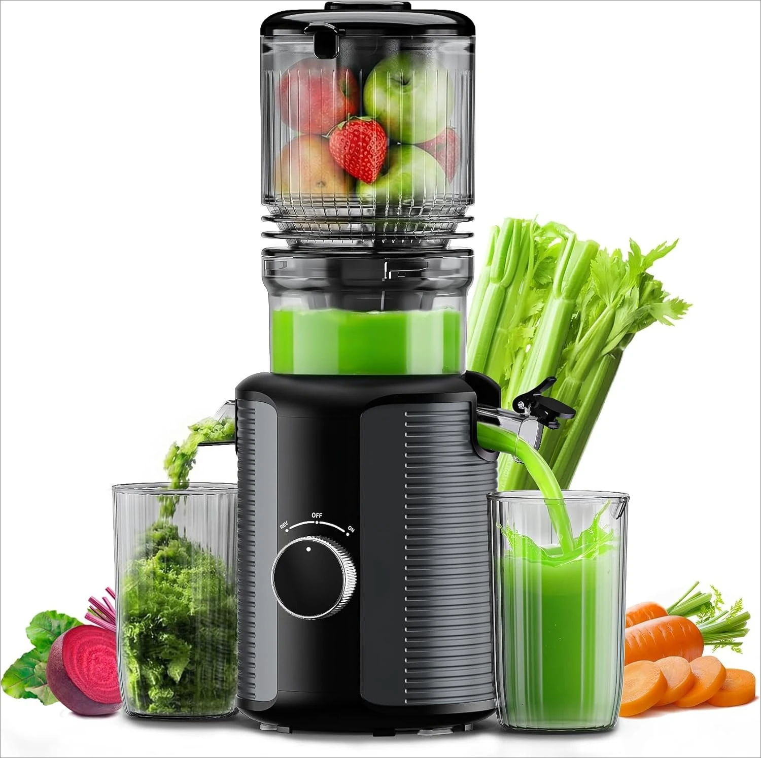 

Cold Press Juicer Machine, 5.1 Inch Wide Chute Masticating Juicer, 1.2L Slow Juicer for Whole Fruits & Vegetables, Easy to Clean Electric Juice Extractor, Juice Maker with Recipe Guide, Silver & Gray