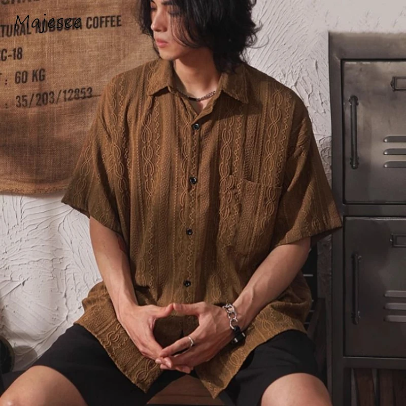 Hollow Out Men Shirts Temperament Individual All-match Solid Breathable Loose Vintage Tops Harajuku Japanese Style Summer Trendy