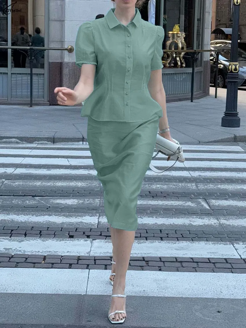

Oymimi Casual Green Slim Woman 2 Piece Set Outfit Fashion Turn-Down Collar Short Sleeve Button Shirts And Straight Skirts Sets