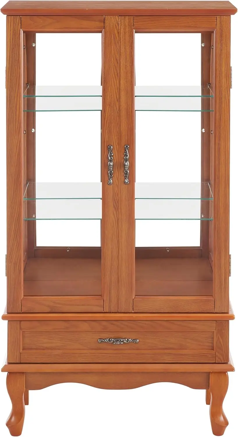 Storage Cabinet,Lighted Glass Display Cabinet Free Standing Cabinet With 2 Doors & 1 Drawer Accent Cabinet Glass Storage