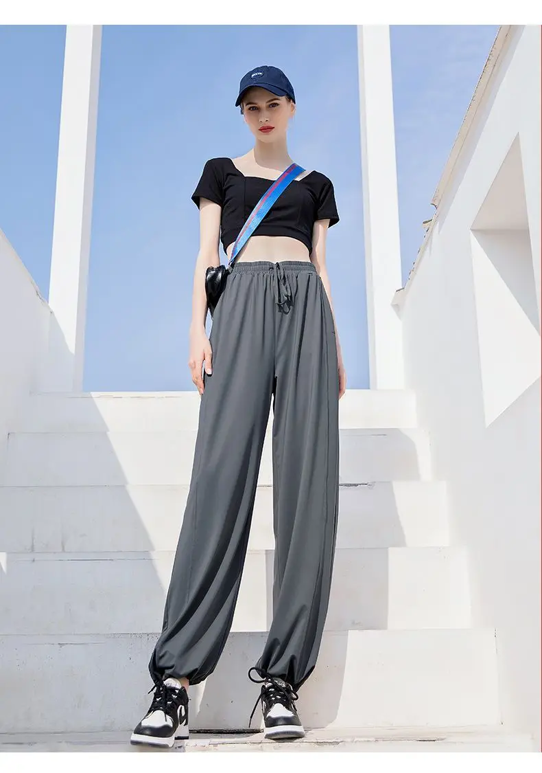 여름 소녀 얇은 lce 실크 넓은 다리 바지 여성 캐주얼 Hiah 허리 스트레이트 LegTrousers 레이디 편안한 새틴 패브릭 바지