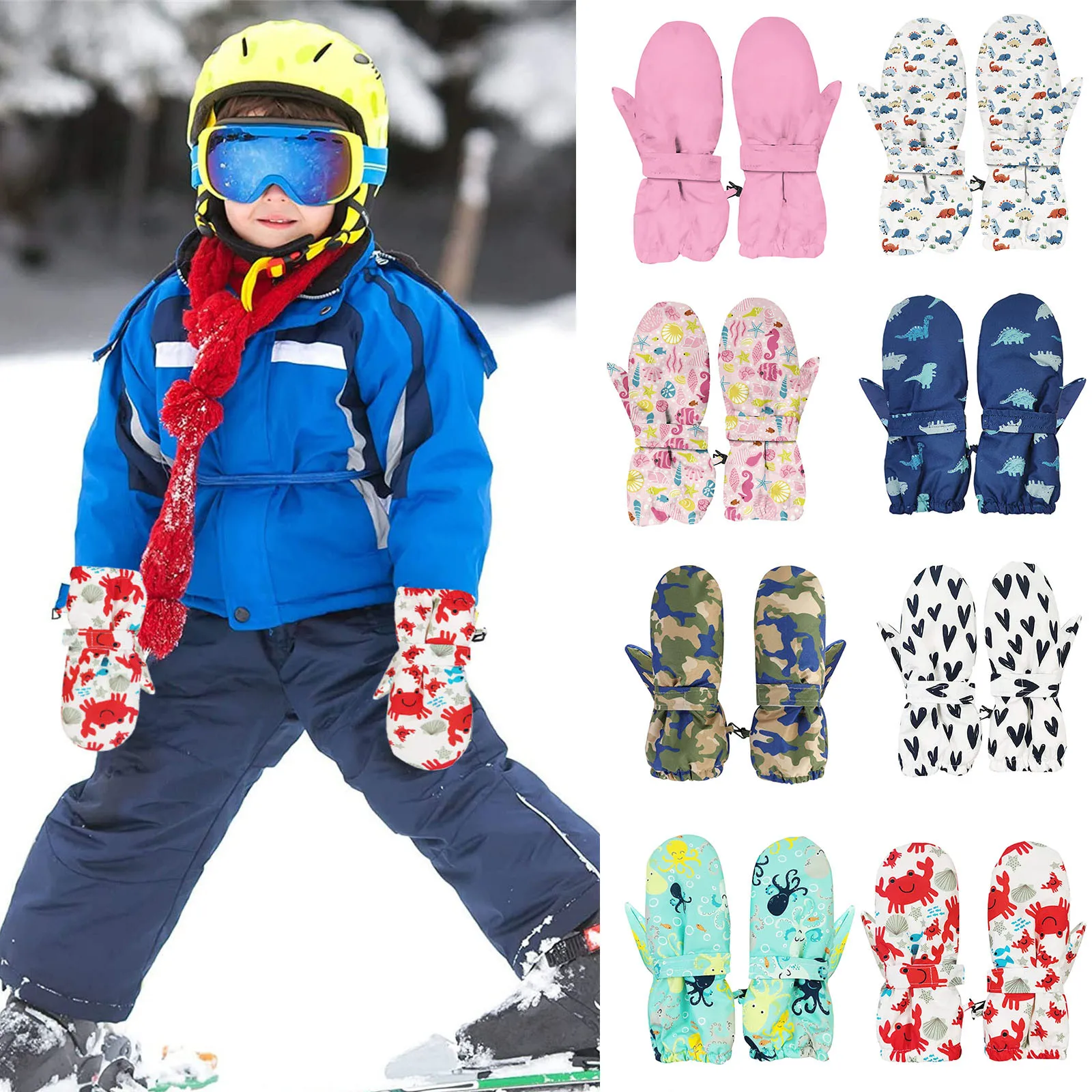 

Детские водонепроницаемые лыжные снежные перчатки с длинной флисовой подкладкой, утолщенные удобные теплые варежки с мультяшным принтом шапка детская
