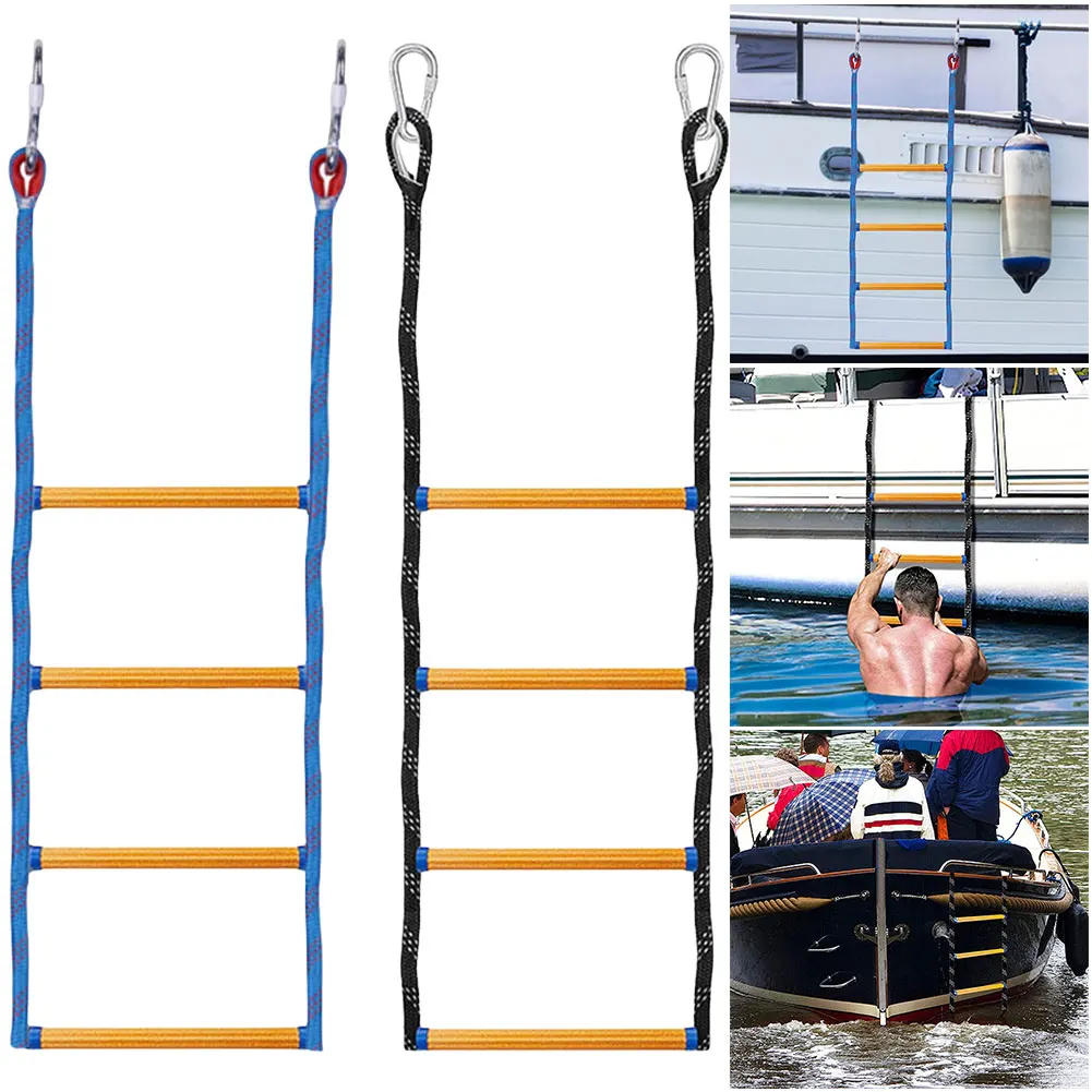 4 Step Boat Rope Ladder Folding Portable Marine Rope Boarding Ladder Swim Ladder for Inflatable Boat Kayak Motorboat Canoeing