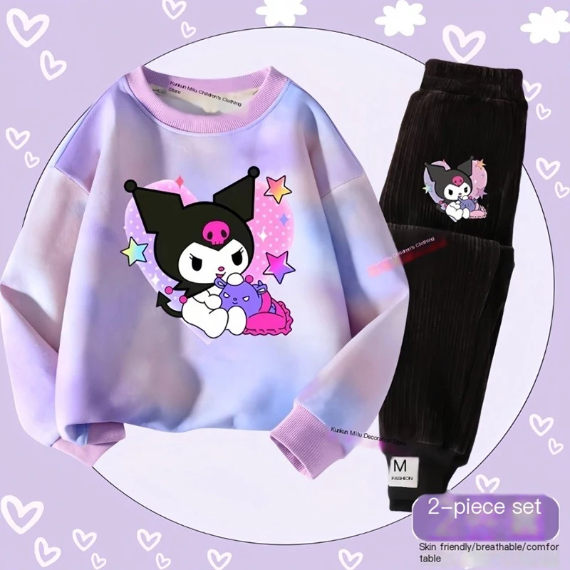 

Sanrio Kawaii Anime Kuromi Clothes Girls Sweet Cute Hoodie Pants Two Piece Set Autumn Winter Cartoon Outerwear Tops Gift for Kid