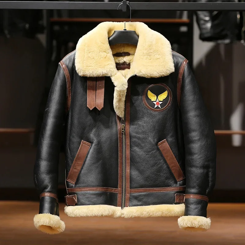 

Super Brand Warm Top Sheepskin Fur Men Plus Size B3 Sheep Shearling Bomber Wool Collar Jacket Vintage Men's Military coat