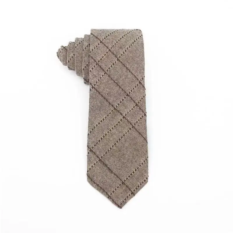 Cotton Linen Brown Ties For Men Formal Dress 7cm British Casual Necktie Striped Plaid Cravat Women College Style Shirt Neckwear