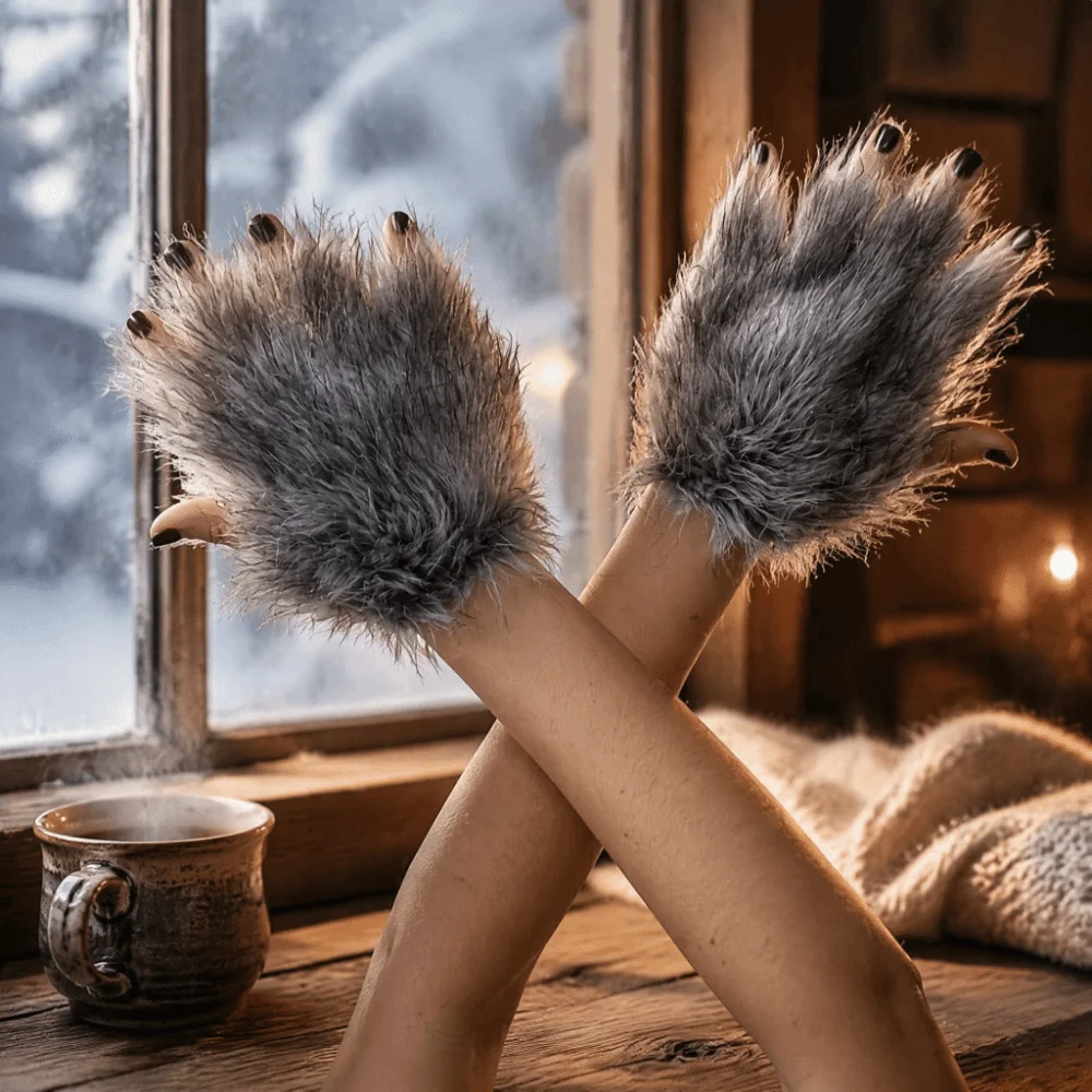 Grey Wolf Paw Cosplay Set Fluffy Texture Animal Wolf Hat with Ears Faux Fur Hairy Werewolf Paw Mitten Halloween Party