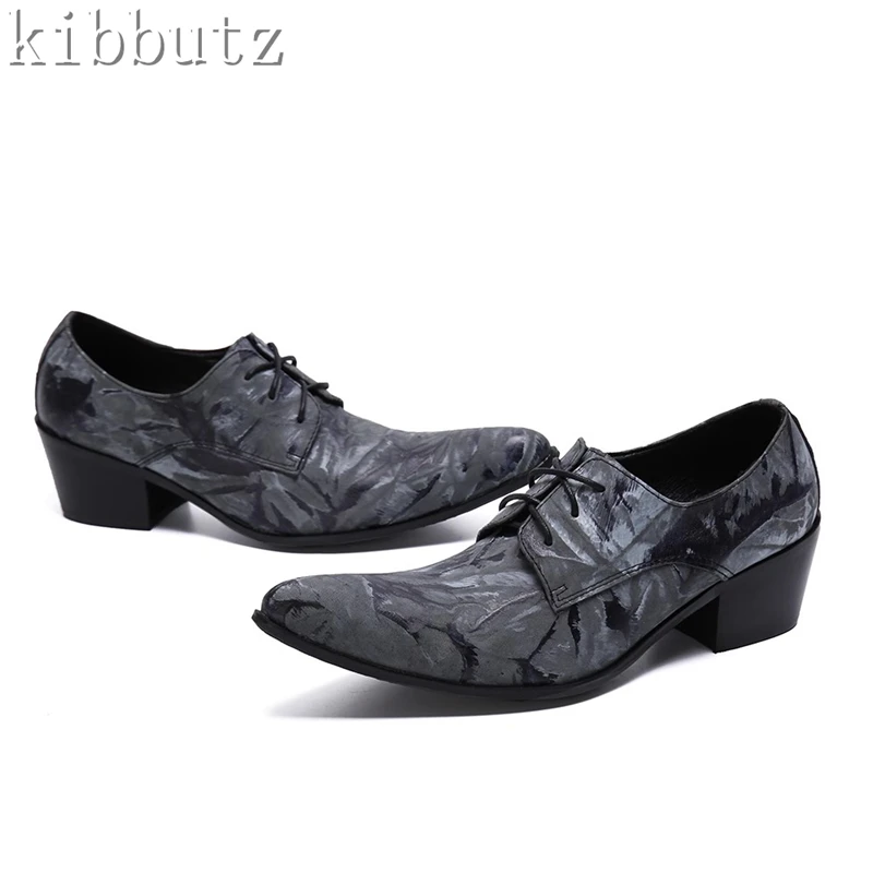 Zapatos de negocios de cuero genuino con estampado de lujo para hombre, zapatos de tacón medio con cordones, Punta puntiaguda, zapatos formales para fiesta, talla grande