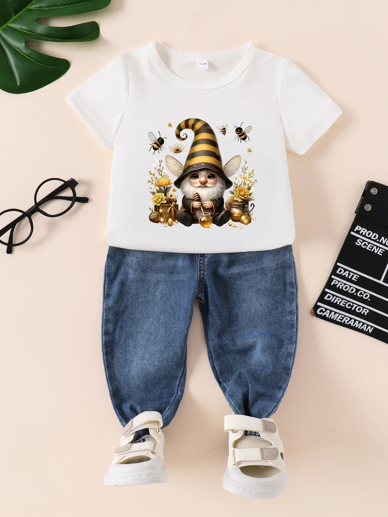 Summer New Boys and Girls Short sleeved White T-shirt Round Neck Pullover+Denim Pants Set