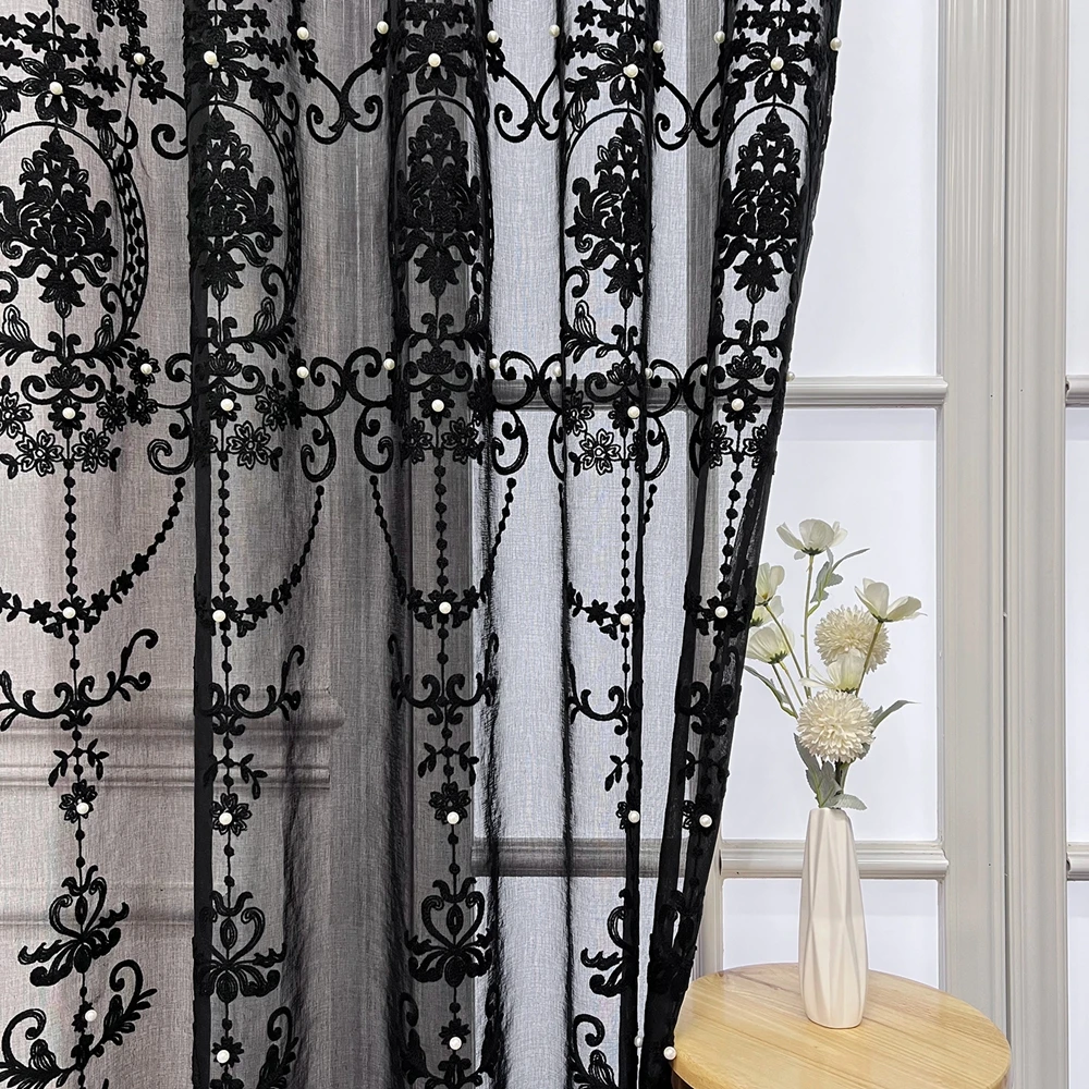 European Luxury Lace Pearl Embroidery Black Sheer Curtain for Living Room Fashion Nordic Geometric Window Screen Cortains