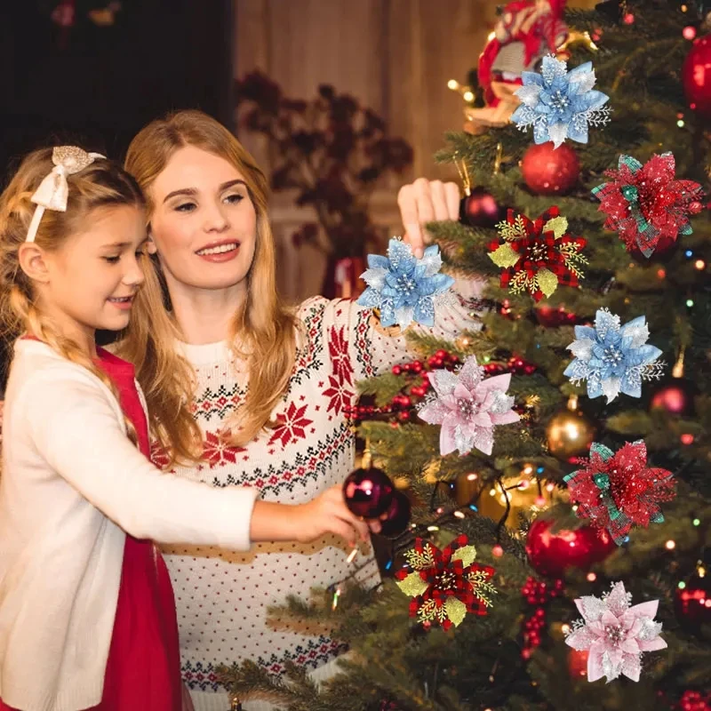 زهور كريسماس وردية لامعة ، زخارف زهور صناعية ، ديكور للمنزل ، شجرة الكريسماس ، السنة الجديدة ، 14 ، عيد الميلاد ، 5 * * * #2