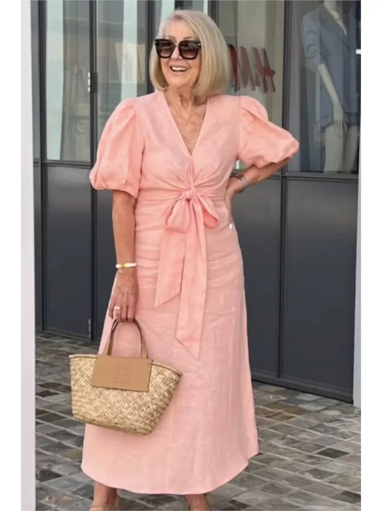 

Elegant Solid Dress Lady Fashion Puff Sleeve V Neck Lace-Up High Waist Loose Dresses For Women Casual Holiday Womens Clothing