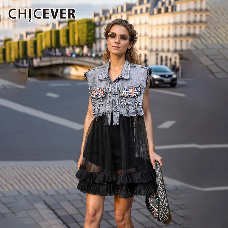 CHICEVER Spliced Mesh Denim Vest Jacket For Women Lapel Sleveeless Patchwork Single Breasted Diamond Summer Long Coat Female New