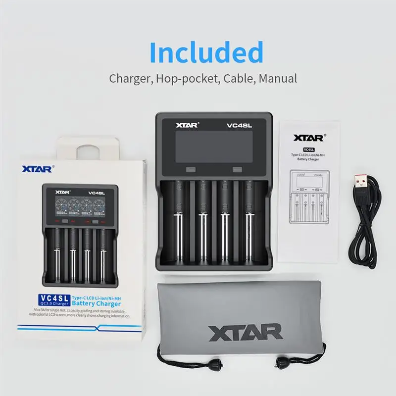 XTAR Smart USB C 18650 Battey Charger QC3.0 Fast Charge Rechargeable LI-ion Battery 18700 20700 26650 21700 AAA AA Charger VC4SL