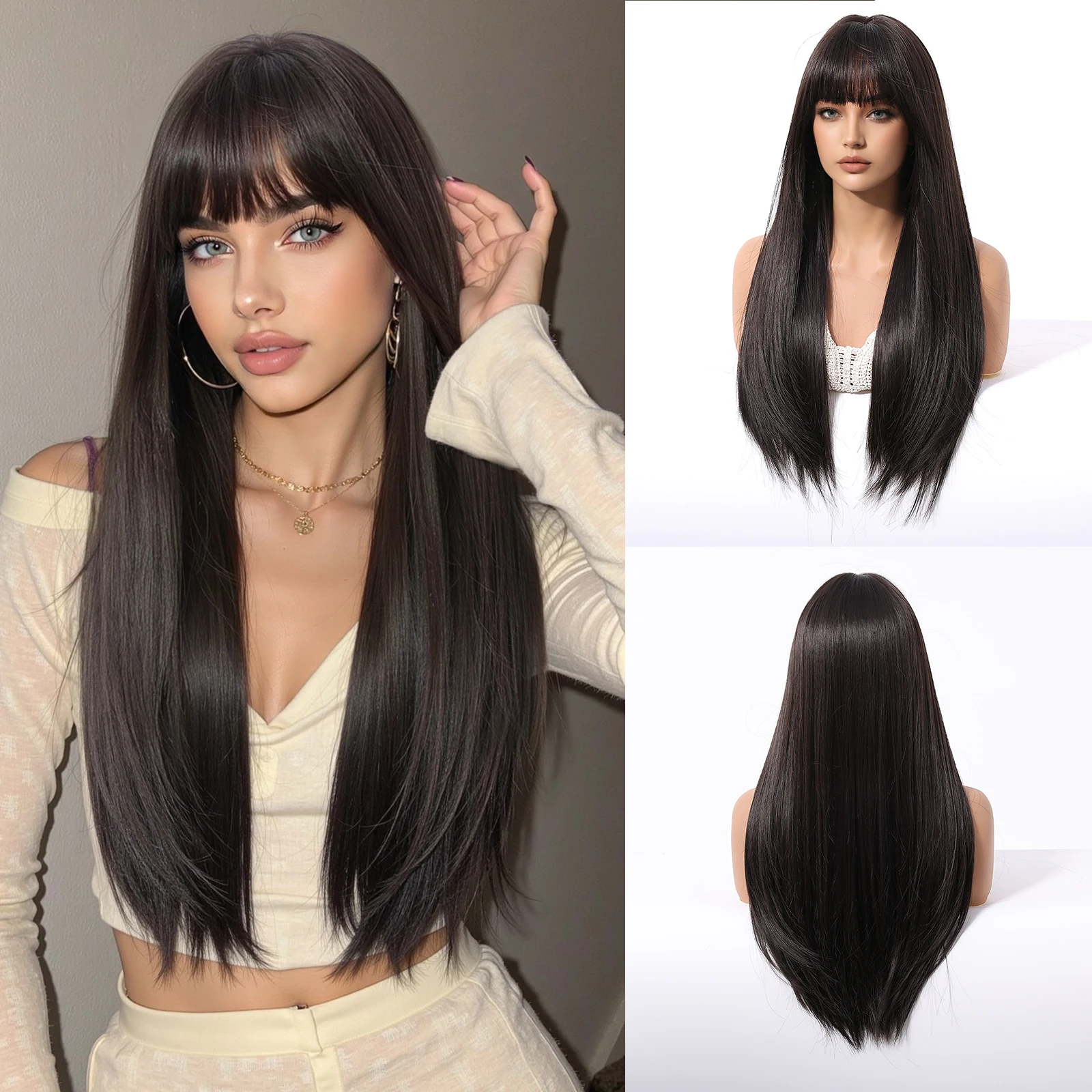 

Длинный синтетический прямой черный парик с челкой для женщин, естественный вид, термостойкий, для повседневного использования, вечеринок, косплея