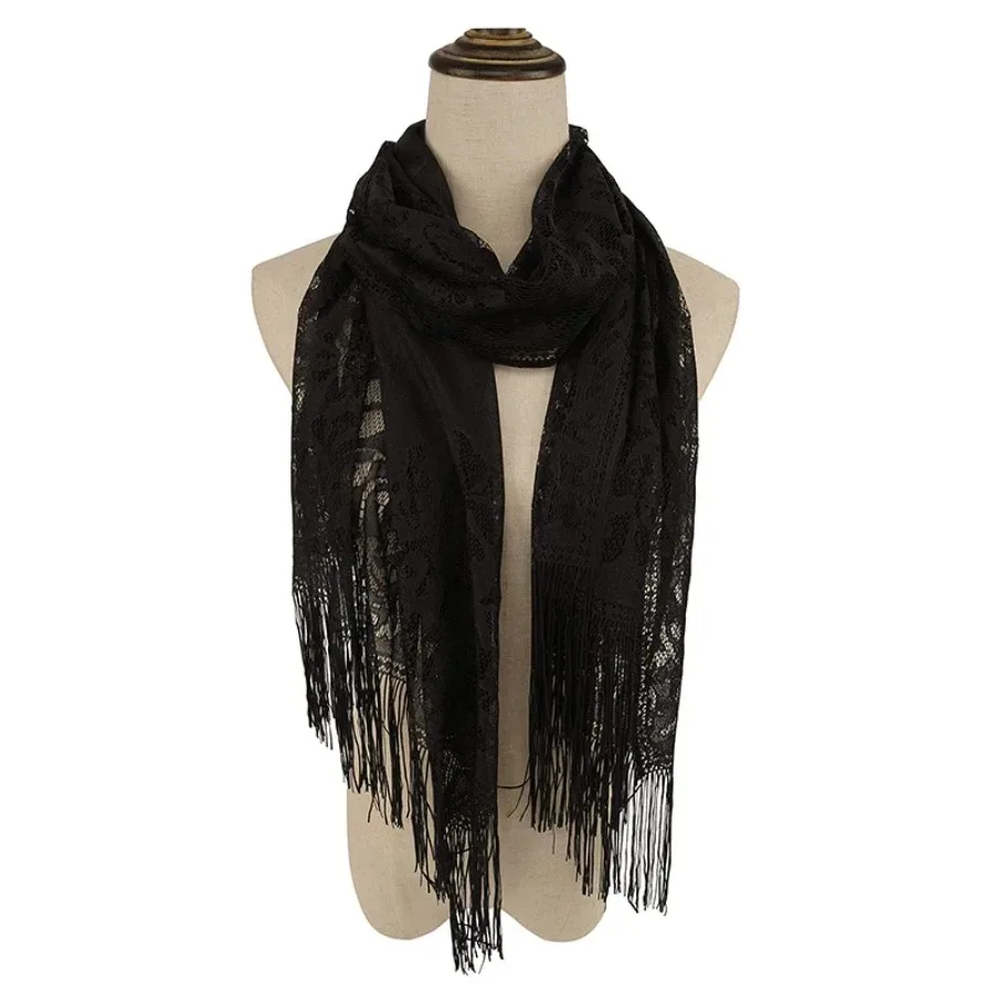 

RUNMEI Black Yellow Pink Color Floral Lace Scarf Tassel Fringe Shawl Wrap Flower Headscarf Muslim Hijabs scarfs Women Ladies