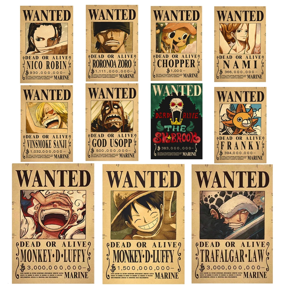 One Piece Luffy Wanted Kids Bedroom Retro Poster Roronoa Zoro Nami Living Pirate Manga Wall Gear 5 Nika Bounty Wanted Poster Toy