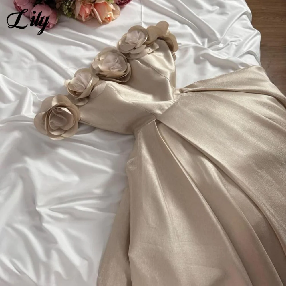 

Lily Champagne Party Dresses Floral Off Shoulder Evening Dresses with Pleats فساتين السهرة for Wedding Customized