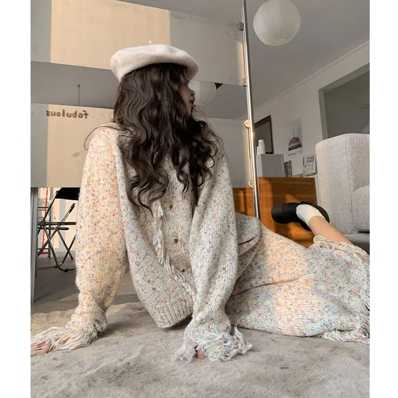 شرابة محبوك سترة تنورة دعوى الشارع قوس قزح الألوان المتناقضة الراقية سترة قطعتين مجموعة