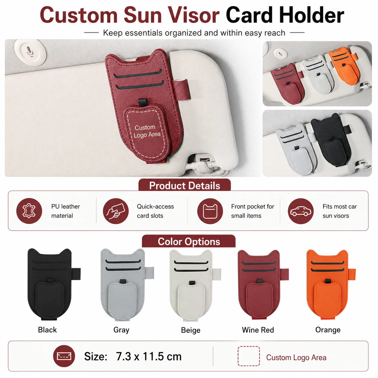 Custom Logo Sun Visor Card Holder, PU Leather Car Organizer, Secure Storage for ID Cards & Tickets, Custom Text Sunglasses Clip view 6