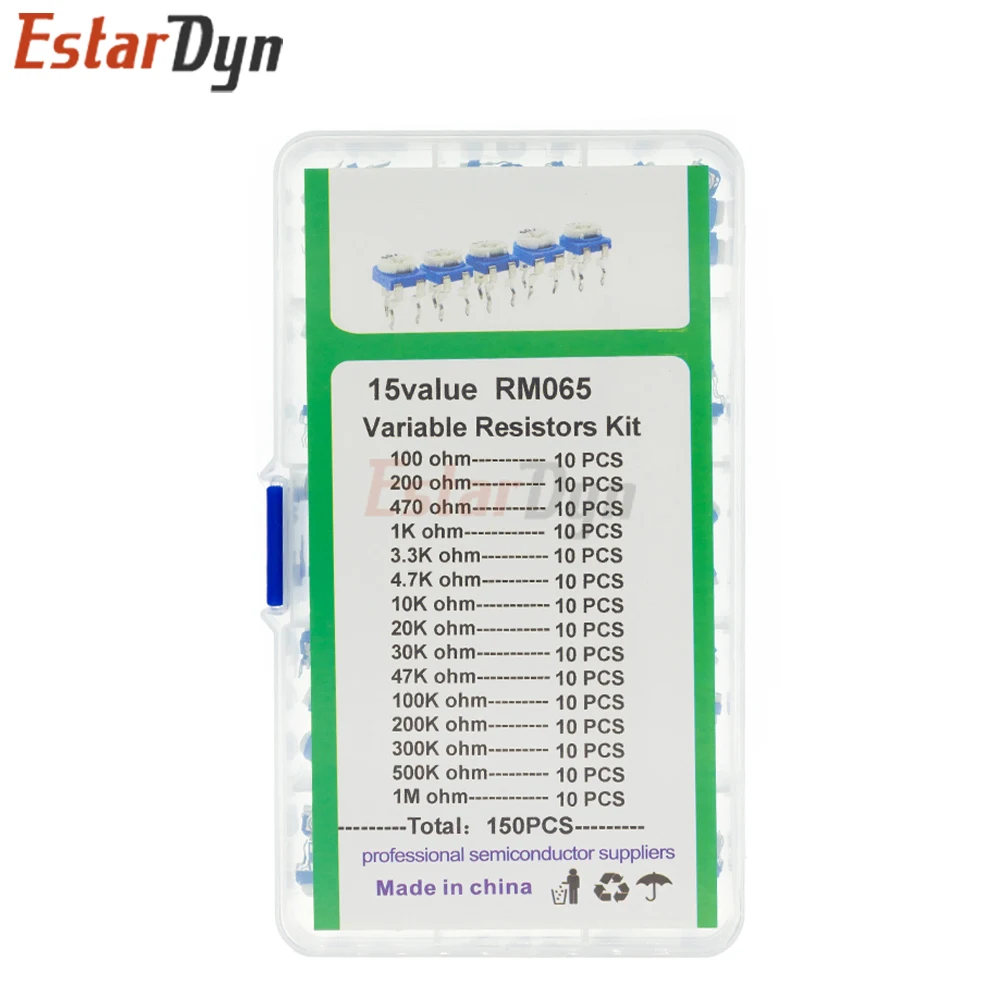 RM065 Trimming Potentiometer Kit 150pcs 15 Values with Box, Variable Resistor Assortment for Electronics DIY Repair and Projects