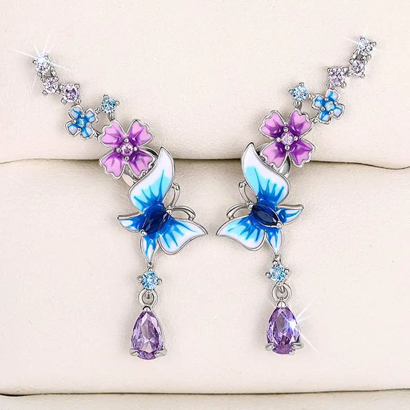 Huitan Elegante Schmetterling Blume Geformt Ästhetische Frauen Tropfen Ohrringe Intarsien Glänzenden CZ Frischen Stil Party Täglichen Zubehör Schmuck